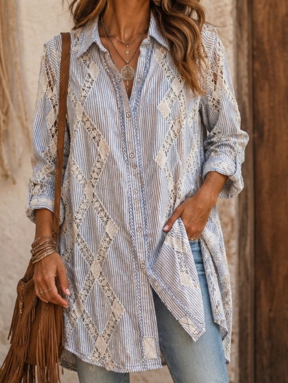 Free People Blue & White Striped Lace-Inset Tunic Shirt